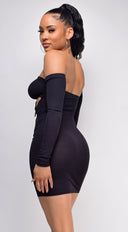 Nicci Black Cut Out Ruched Detail Dress close-up of ruched fabric