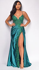 Thea Emerald Green Sequin Lace Detail Gown
