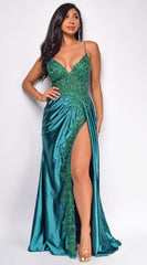 Thea Emerald Green Sequin Lace Detail Gown