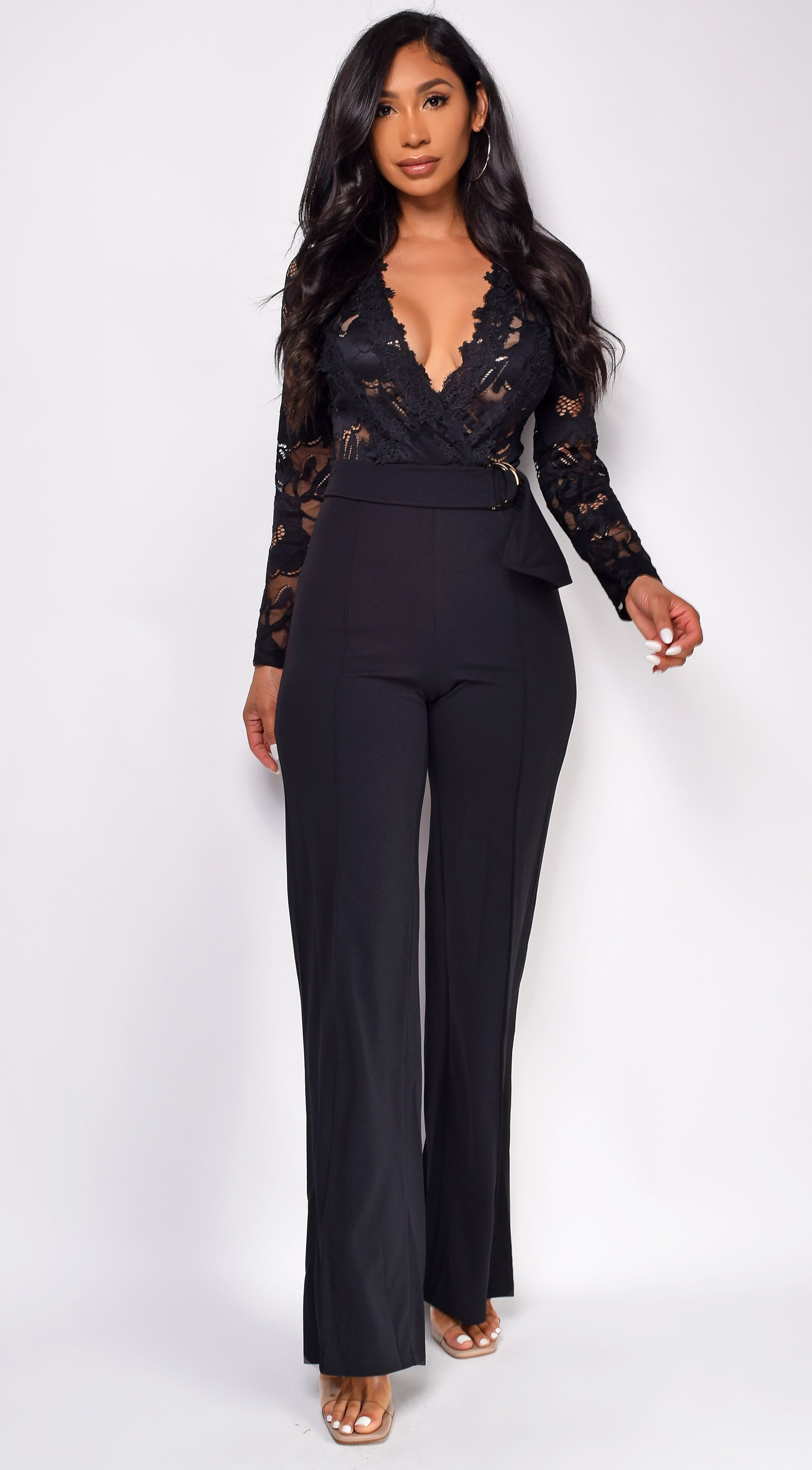 Milani Black Long Sleeve Lace Crochet Jumpsuit