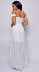 Lagos White Off Shoulder Boho Smocked Maxi Dress close-up of off-shoulder neckline