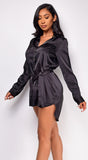 Drea Black Satin Shirt Dress
