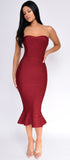 Antonia Burgundy Red Strapless Fluted-Hem Bandage Dress