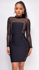 Luella Black Bandage Mesh Long Sleeves Stud Dress