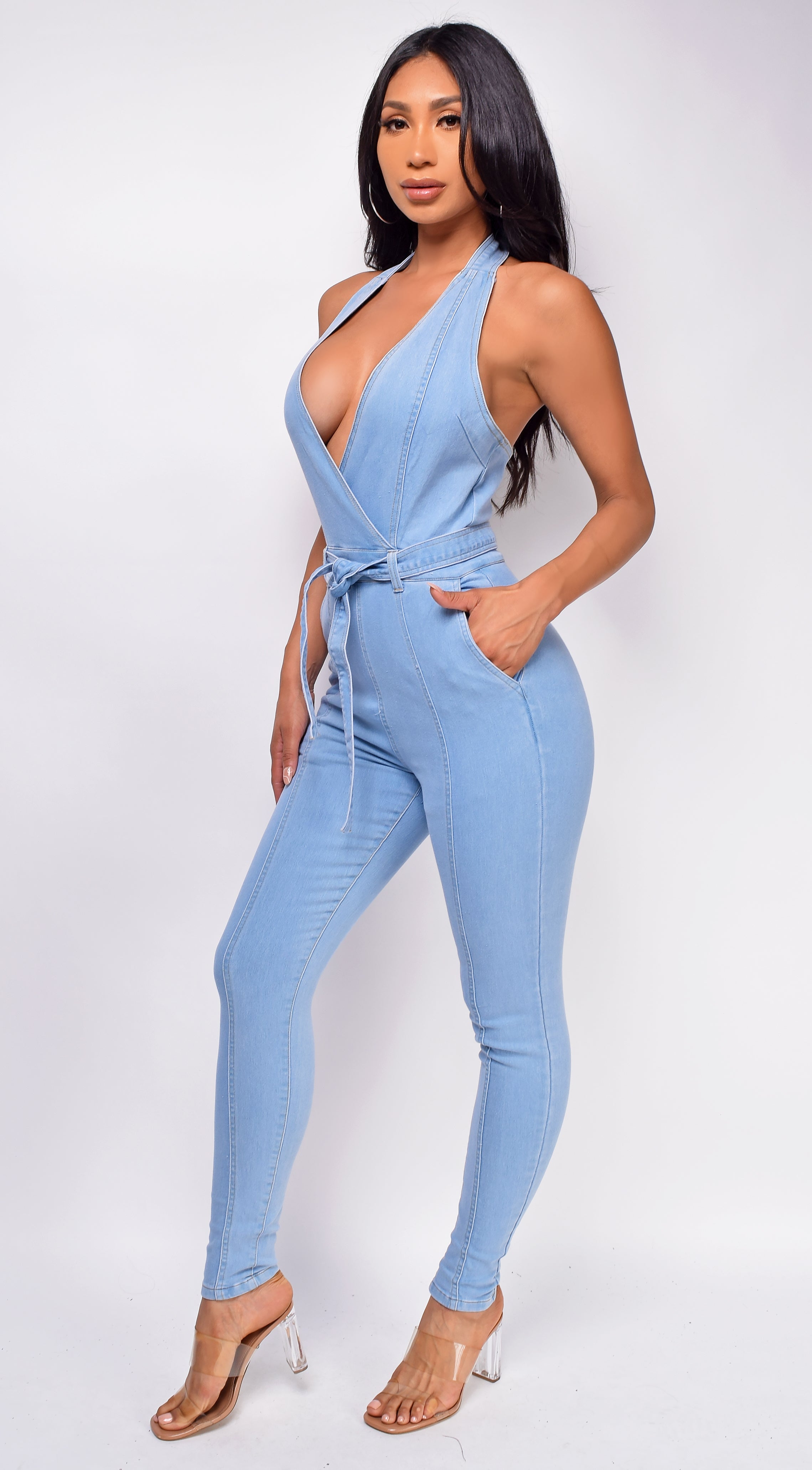Aline Blue Plunge Surplice Denim Jumpsuit