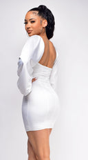 Belize White Satin Dress back view on model