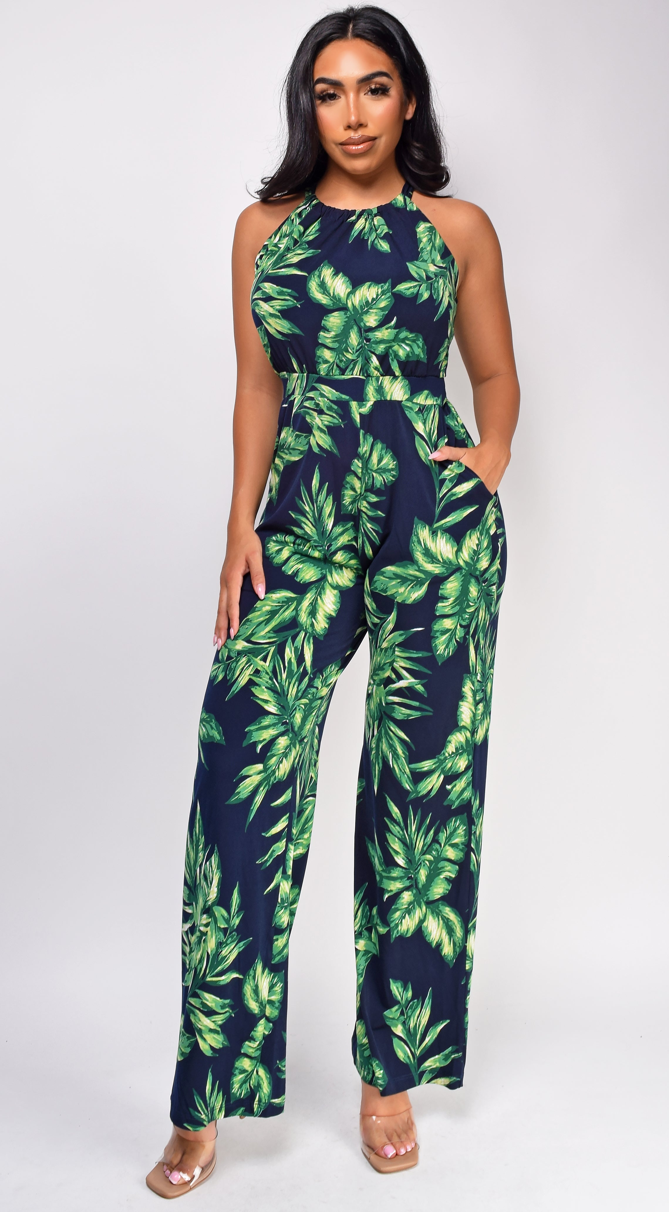 Cassia Green Navy Tropical Print Jumpsuit