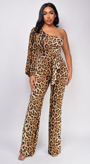 Zorina Brown One Sleeve Leopard Print Jumpsuit styled outfit flat lay