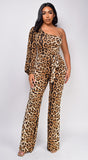 Zorina Brown One Sleeve Leopard Print Jumpsuit