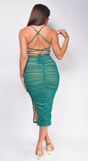 Keilana Mesh Ruched Midi Dress in Green side profile view on model