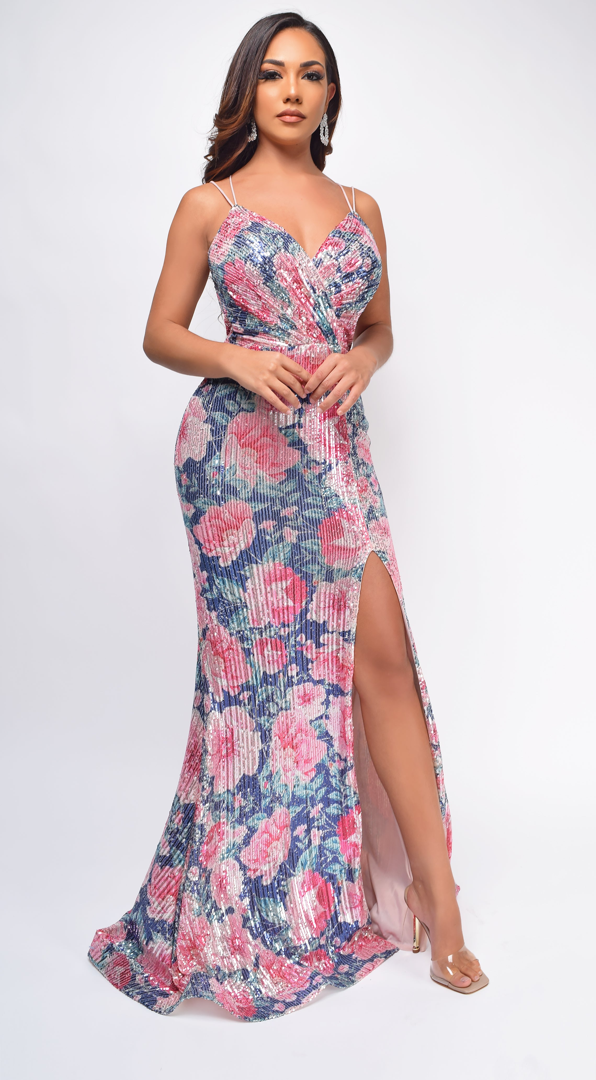 Zia Pink Floral Sequin Gown
