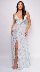 Celea Blue Floral Print Surplice Ruffle Maxi Dress full length front view on model