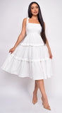 Darian White Ruffle Smocked Tiered Midi Dress