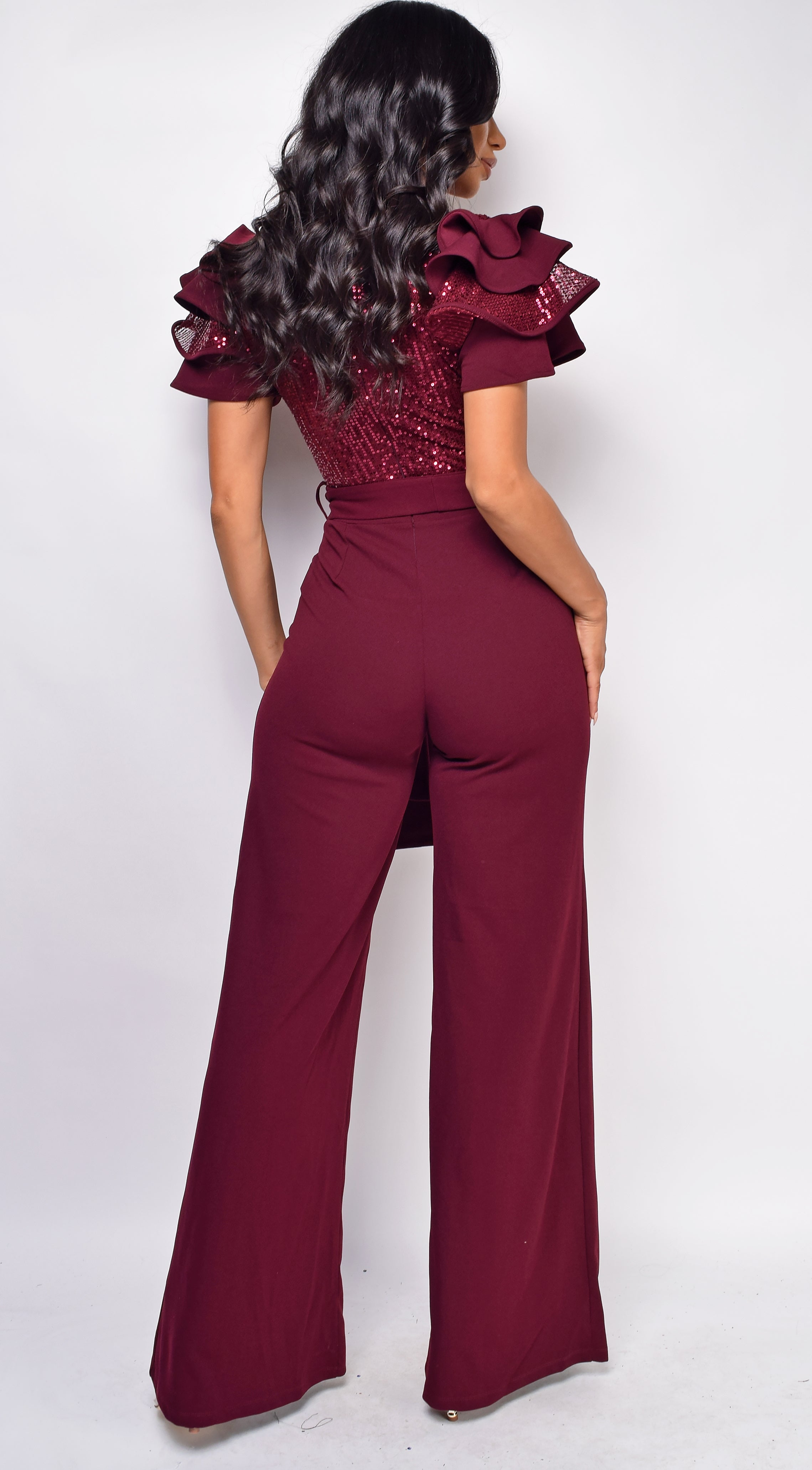 Laila Burgundy Red Sequin Jumpsuit Emprada