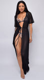 Milos Black Mesh Drawstring Open Front Cover-up Dress