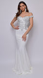 Ensley Off White Off Shoulder Silver Lace Detail Gown