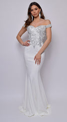 Ensley Off White Off Shoulder Silver Lace Detail Gown