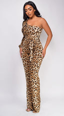 Zorina Brown One Sleeve Leopard Print Jumpsuit close-up of animal print