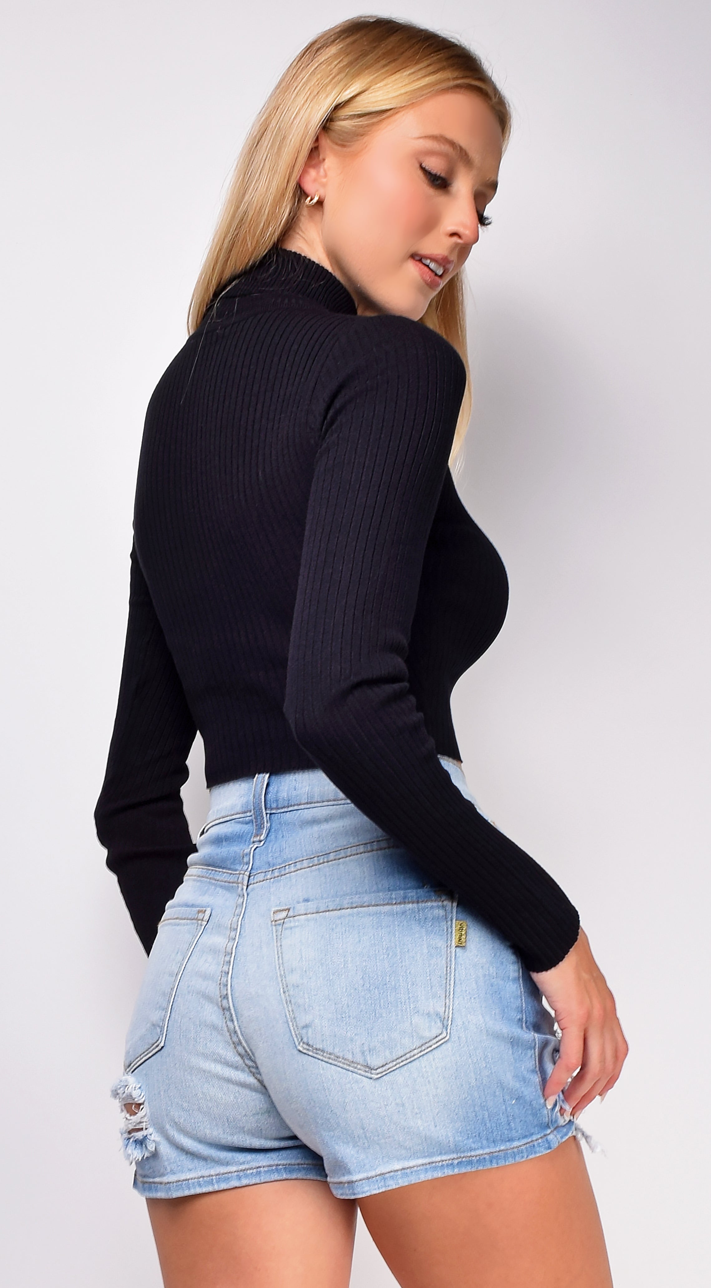 Amani Black Ribbed High Neck Crop Sweater Top