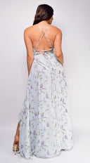 Celea Blue Floral Print Surplice Ruffle Maxi Dress side profile view on model
