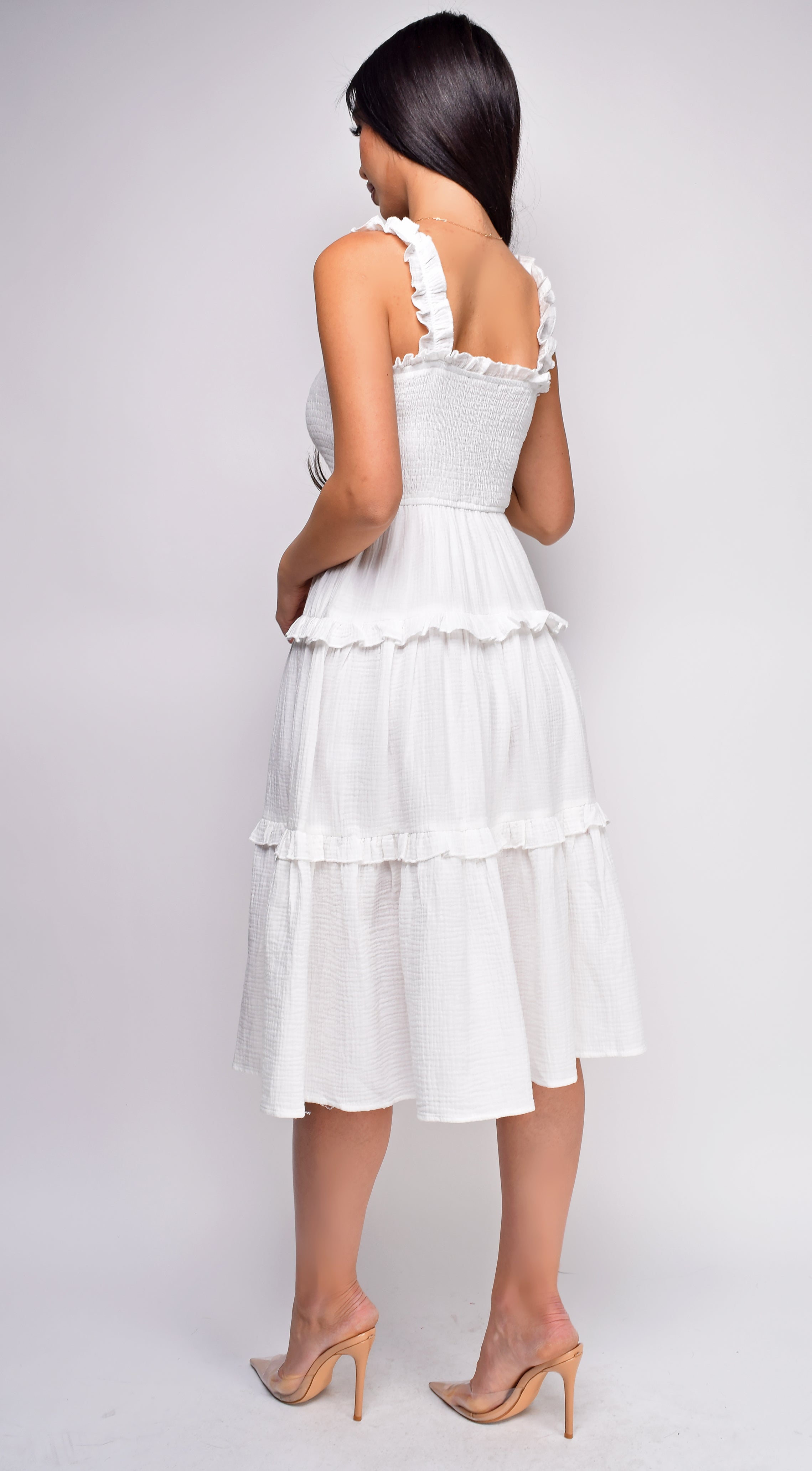 Darian White Ruffle Smocked Tiered Midi Dress