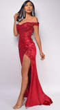 Nalini Red Lace Embellished Satin Gown