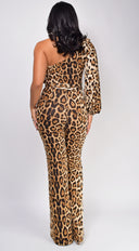 Zorina Brown One Sleeve Leopard Print Jumpsuit side profile view on model