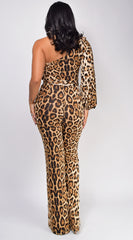 Zorina Brown One Sleeve Leopard Print Jumpsuit