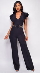 Vivia Black Gold Buckle Ruffle Sleeve Jumpsuit