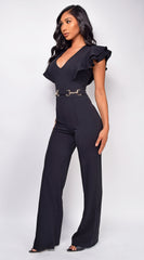 Vivia Black Gold Buckle Ruffle Sleeve Jumpsuit