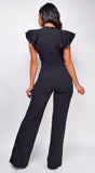 Vivia Black Gold Buckle Ruffle Sleeve Jumpsuit