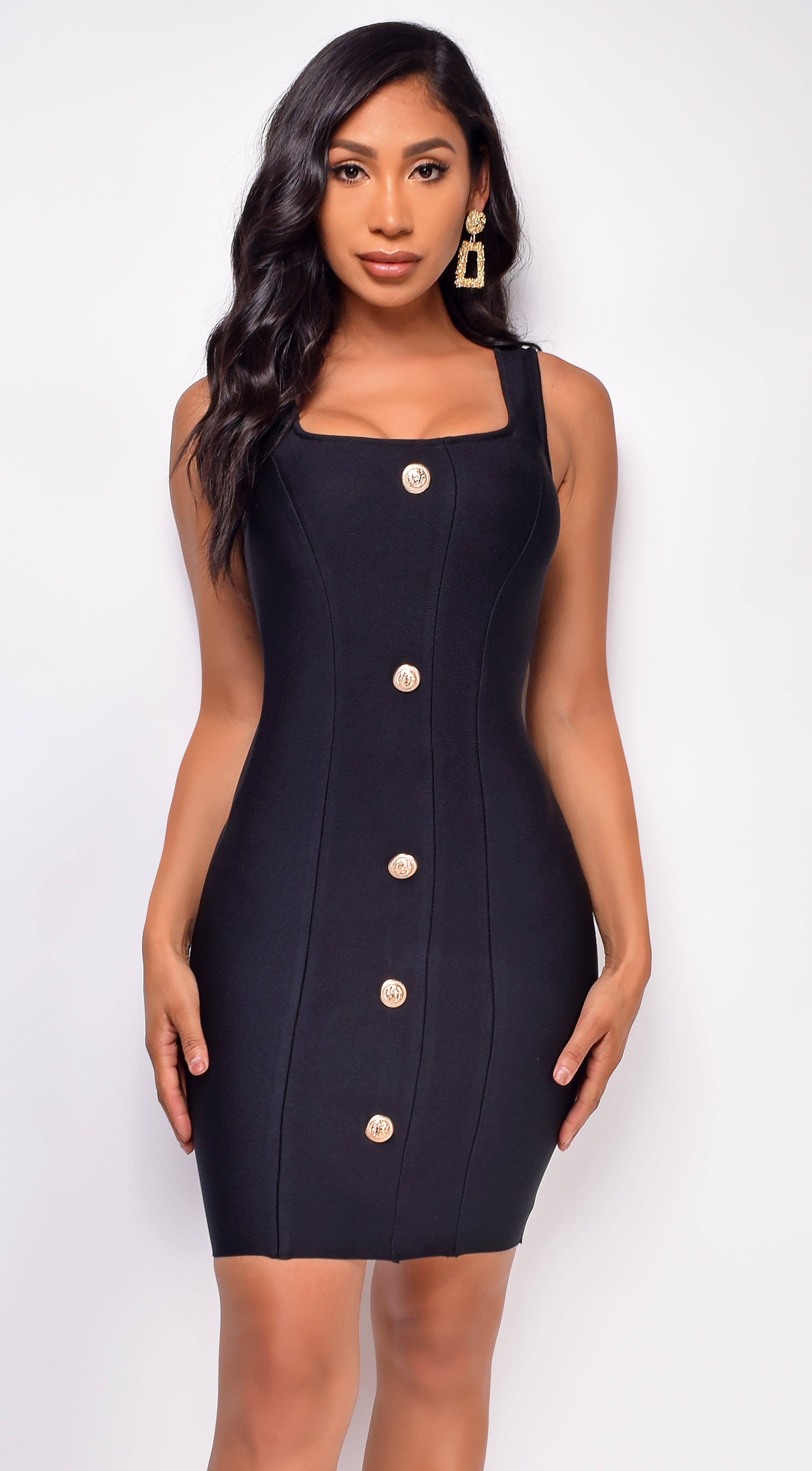 Vallea Black Gold Button Bandage Dress