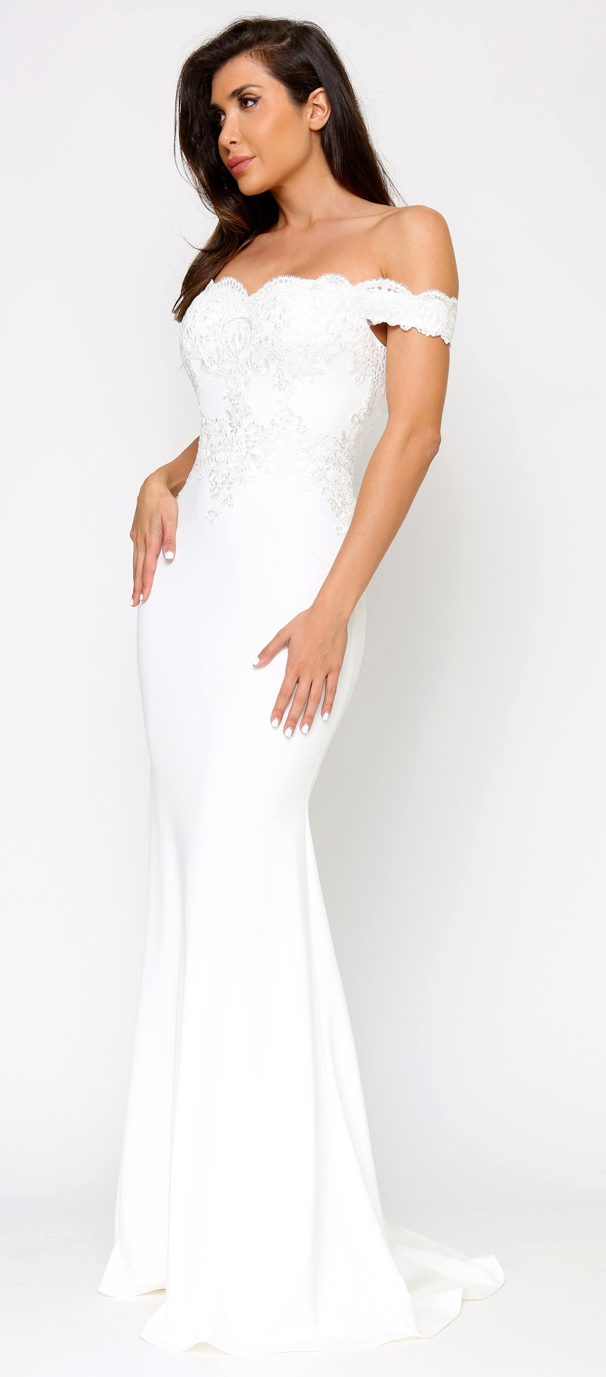Solaine Off White Shoulder Lace Detail Bridal Gown Dress